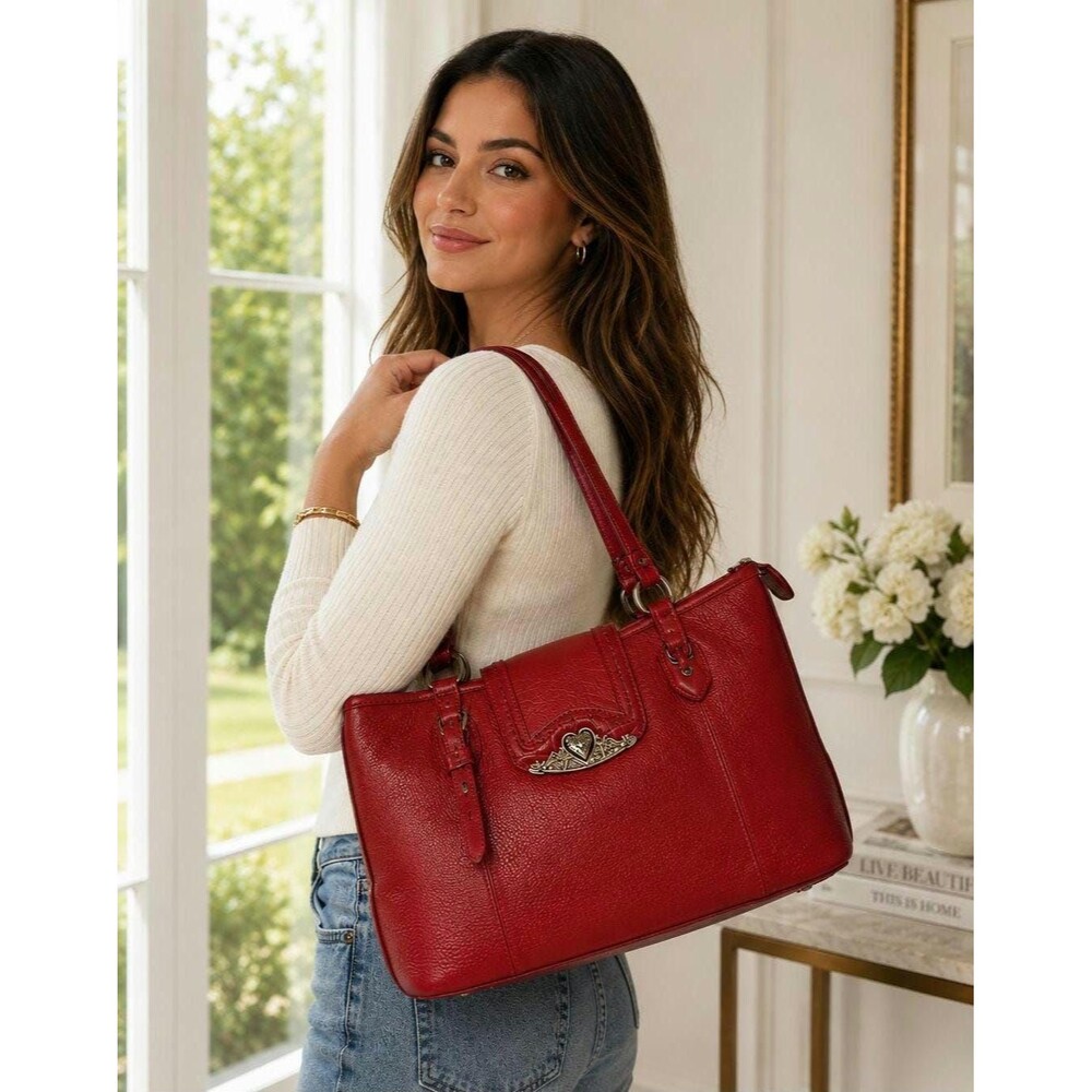 Coldwater Creek Red Faux Leather Shoulder Tote | 14" Handbag | Croc Embossed Tri